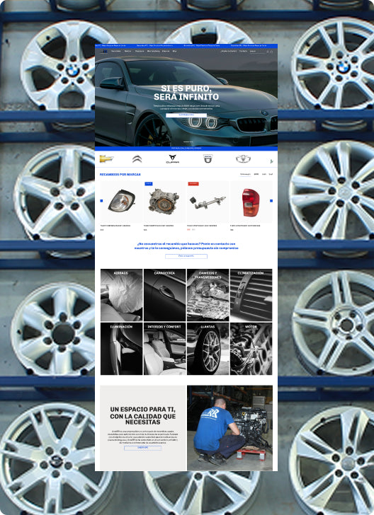 Página web de agencia Shopify con diseño de ecommerce y productos relacionados con automóviles.