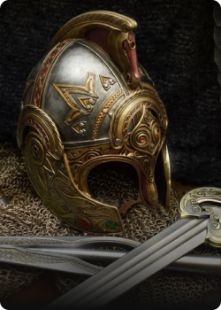 Casco antiguo decorado junto a una espada, representando elementos de diseño y desarrollo en Shopify.