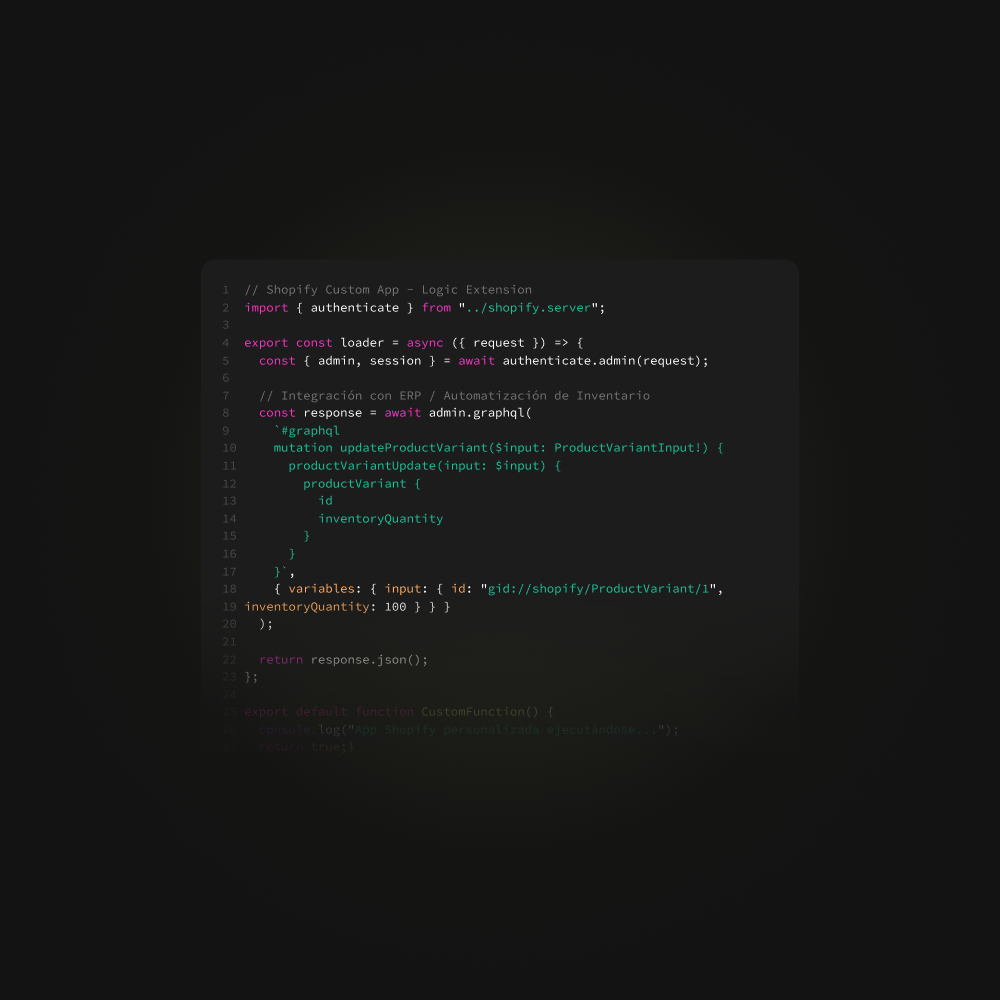 Código de desarrollo Shopify para integraciones ERP y optimización de inventario.