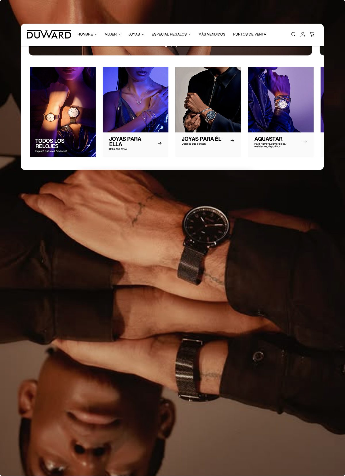Diseño de una tienda online de joyas con relojes, mostrando productos para hombres y mujeres.