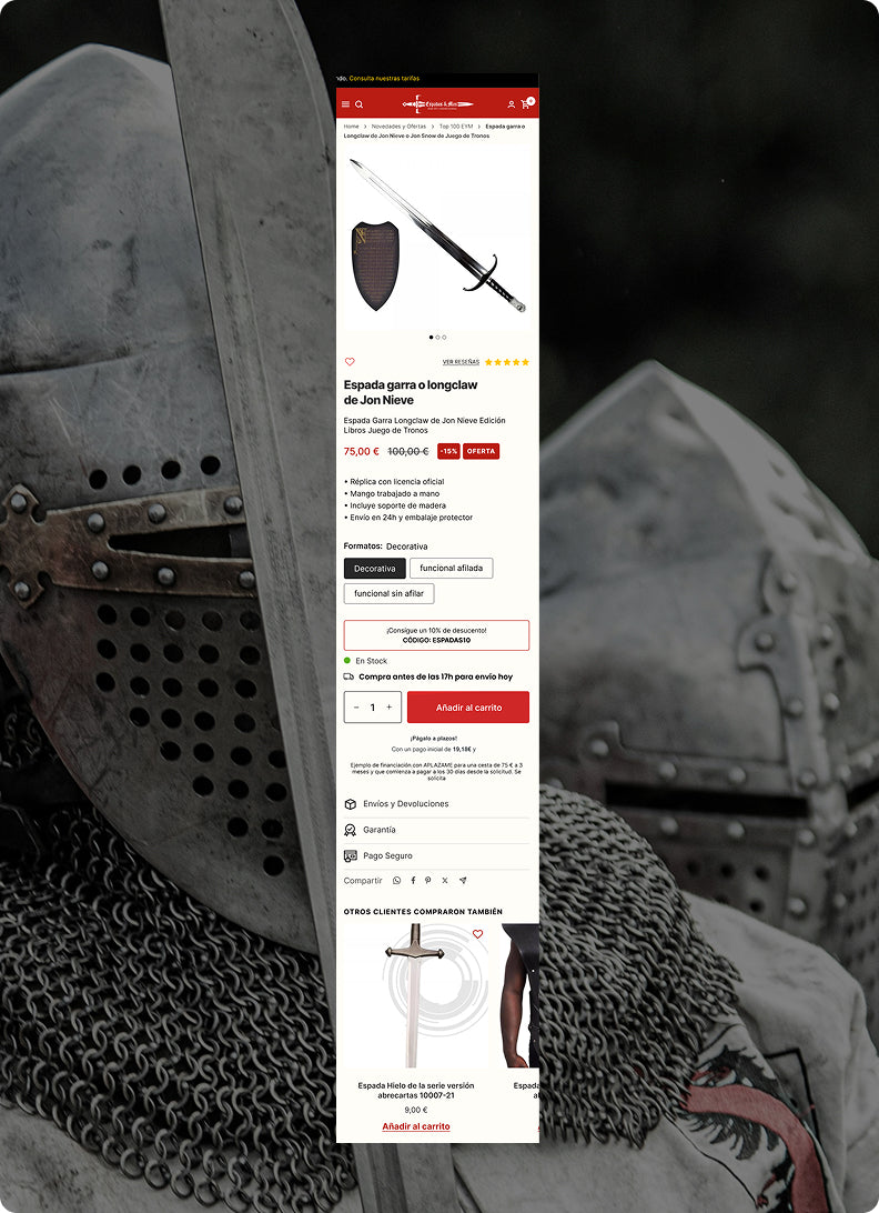 Página de producto de una espada con detalles de precio y características en un diseño Shopify.