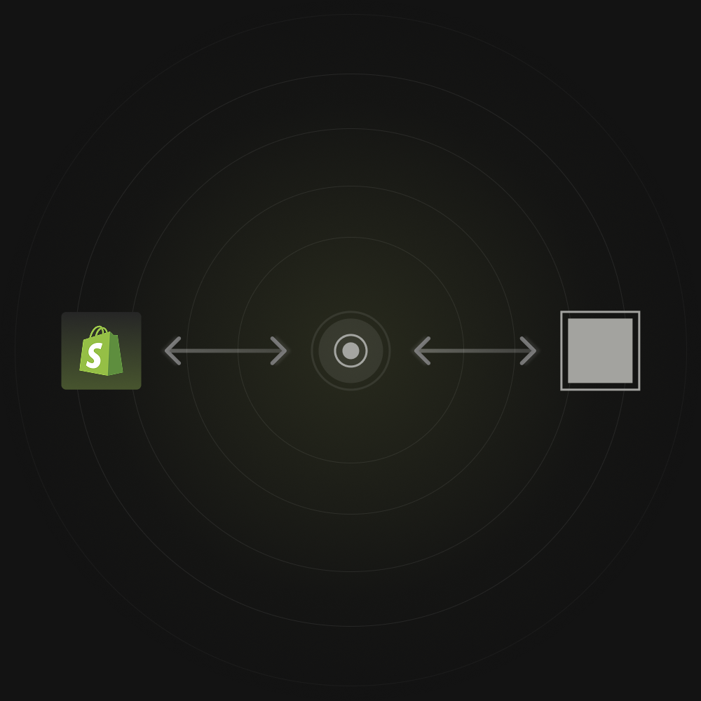 Icono de Shopify conectado a un punto central, representando la agencia Shopify y su desarrollo.