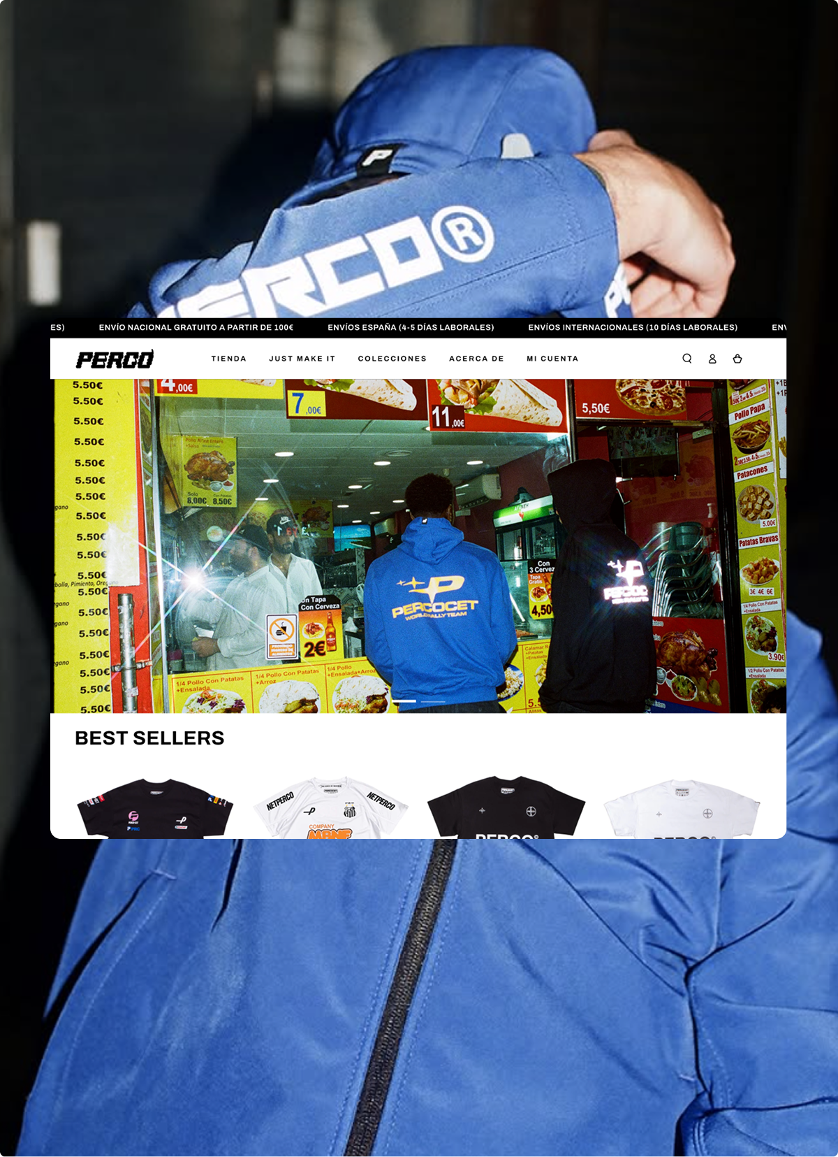 Página web de una agencia Shopify con productos destacados y un fondo de una persona con chaqueta azul.