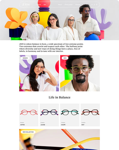 Grupo diverso de personas posando con gafas de colores, representando equilibrio y estilo en el diseño.