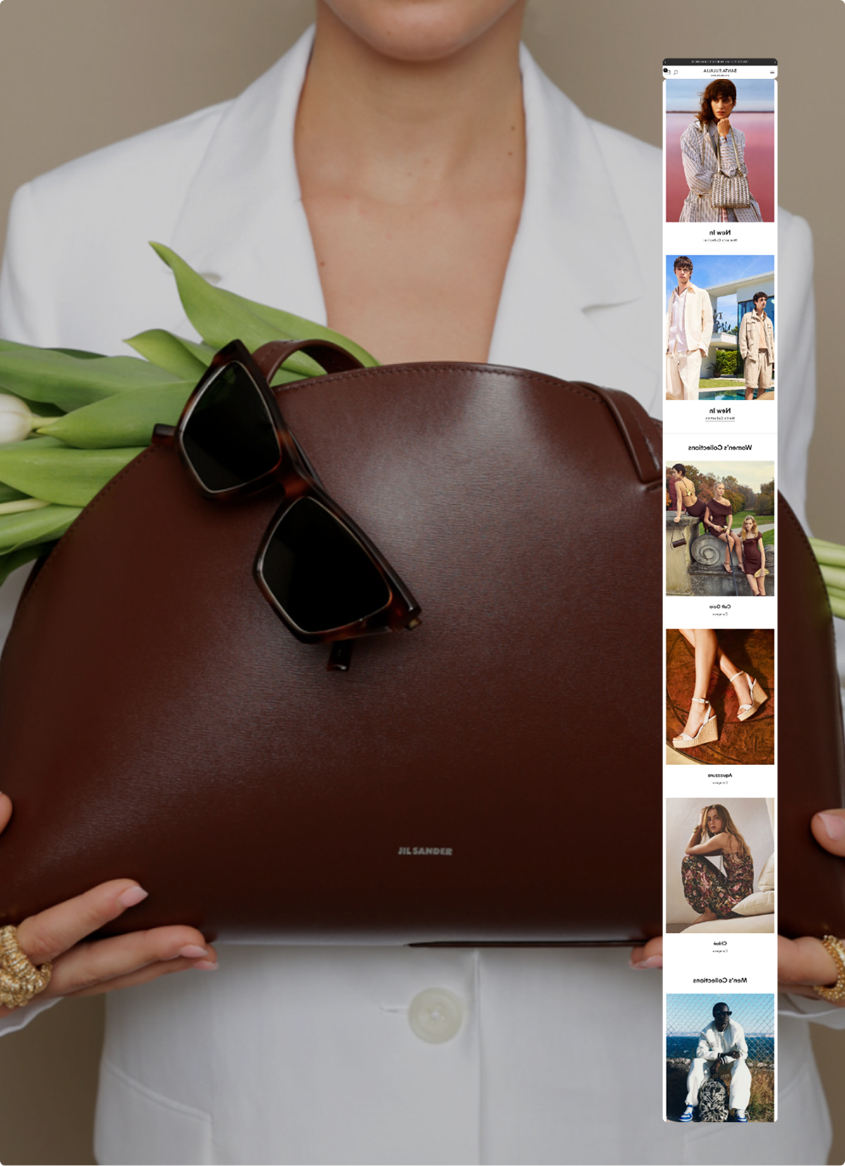 Mujer sosteniendo un bolso marrón con gafas de sol y flores, vestida con un traje blanco.