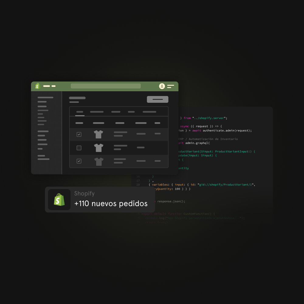 Interfaz de agencia Shopify mostrando nuevos pedidos y opciones de inventario para desarrollo y optimización.