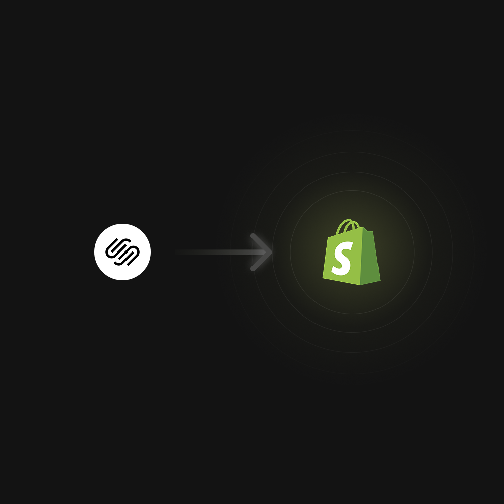 Logotipo de una plataforma que se conecta a una bolsa de compras con el logo de Shopify, simbolizando migración a Shopify.