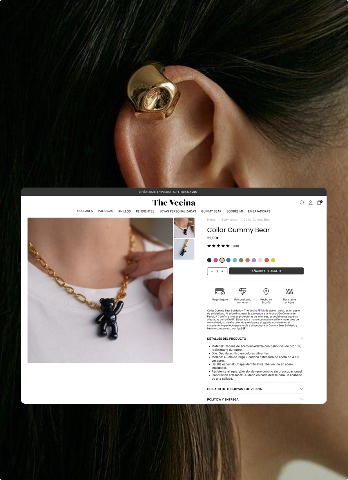 Collar Gummy Bear en una modelo, mostrando diseño Shopify en la tienda online de la agencia Shopify.