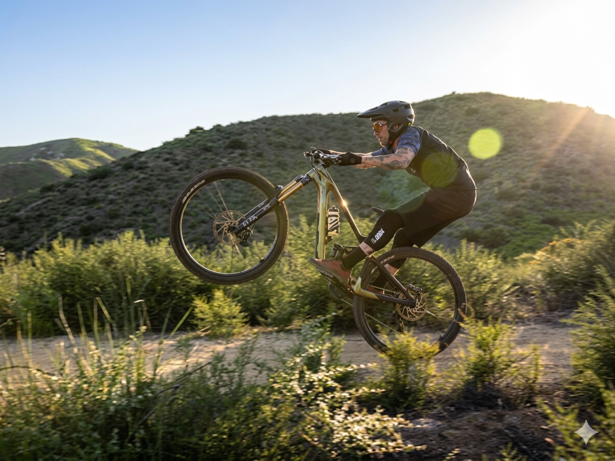 Ciclista realizando un salto en una bicicleta de montaña en un sendero rodeado de vegetación y colinas.