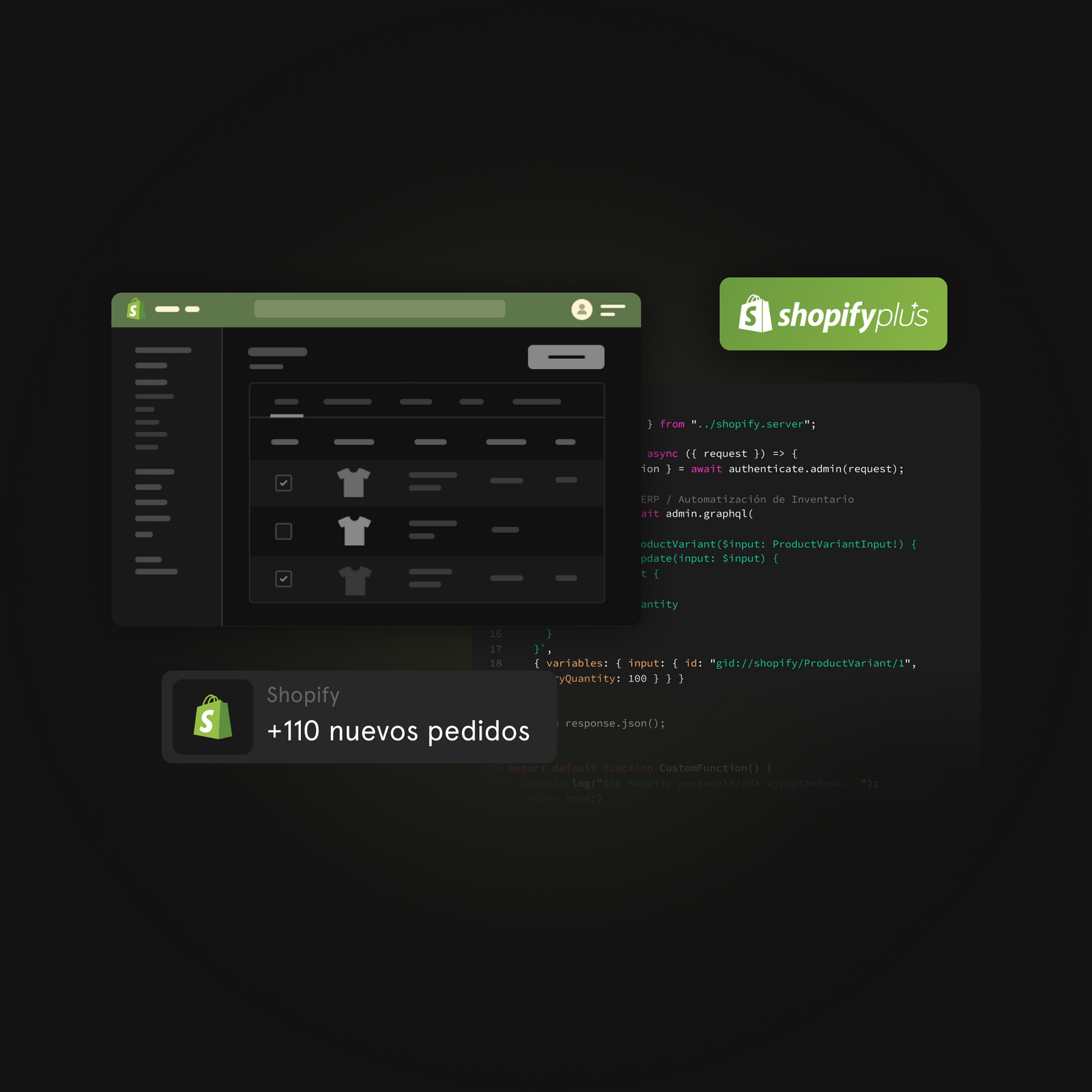 Interfaz de Shopify Plus mostrando pedidos y gestión de inventarios en desarrollo Shopify.