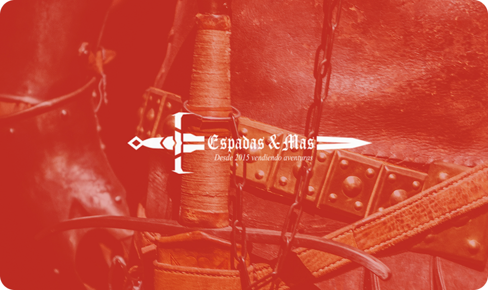 Logo de Espadas & Más con espada y cinturón de cuero, simbolizando la agencia Shopify para venta de aventuras.