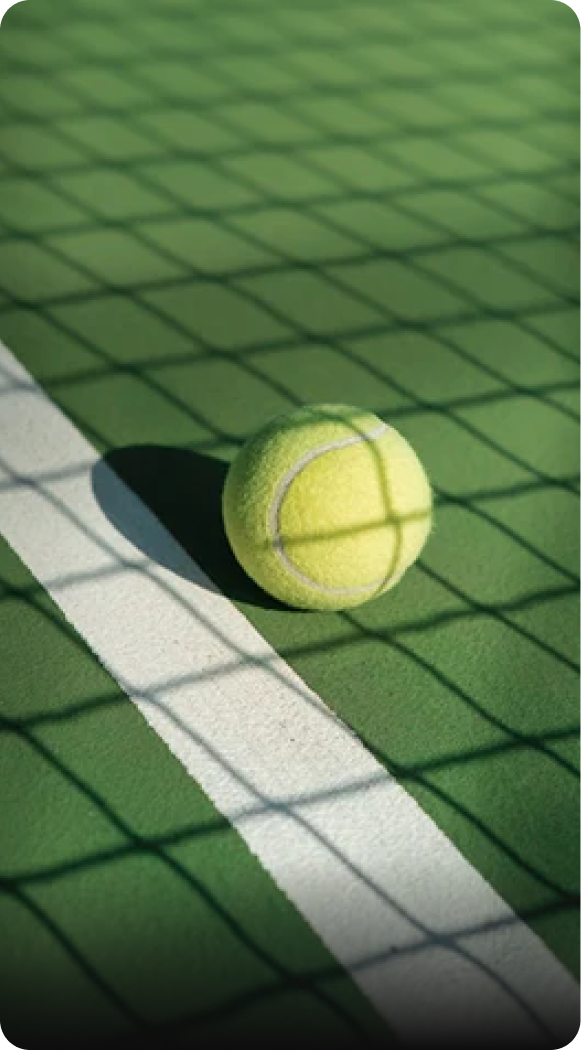 Pelota de tenis amarilla sobre una cancha verde con líneas blancas y sombras de la red.